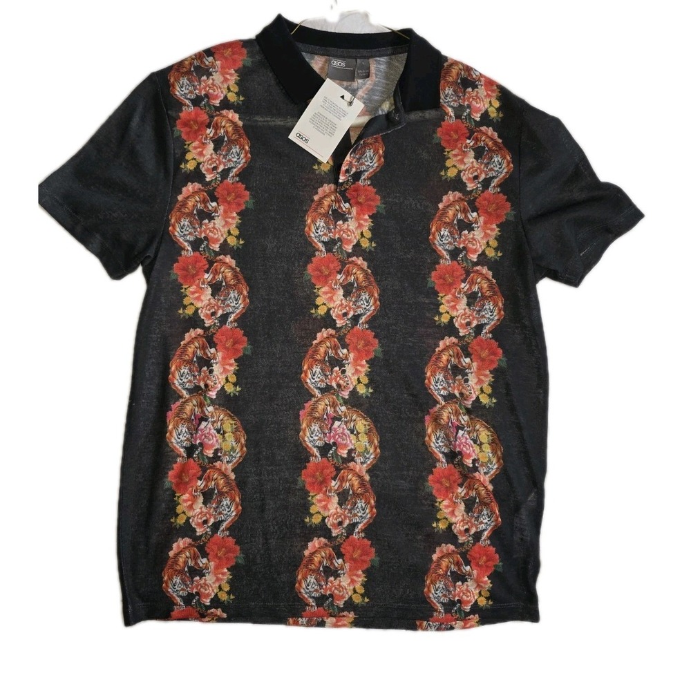 ASOS Design Mens Sheer Floral Tiger Print Button Up Shirt Short Sleeve Small